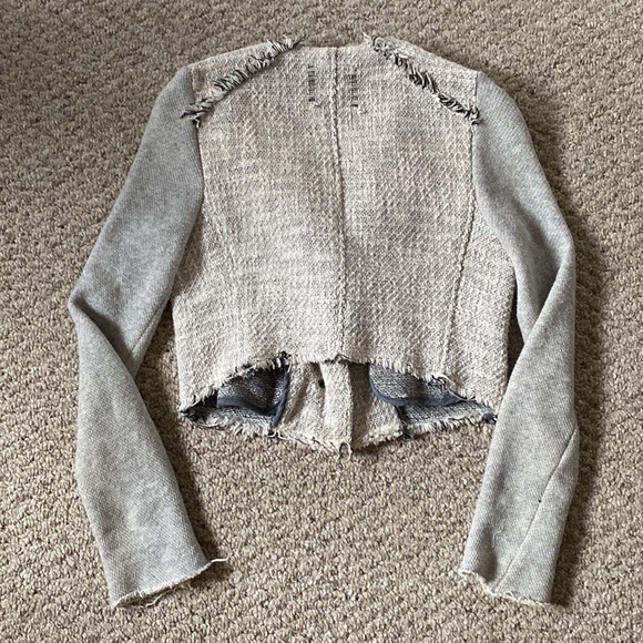 Free People We the Free Cropped Tattered Tweed Grey Moto Long Sleeve Jacket - Picture 4 of 6